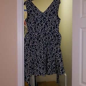 Navy dress with off white,black and blue dots